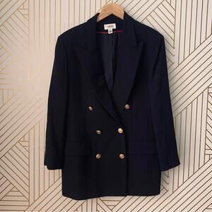 Talbots 100% Worsted Wool Double Breasted Golden Toned Buttons Blazer Black 14